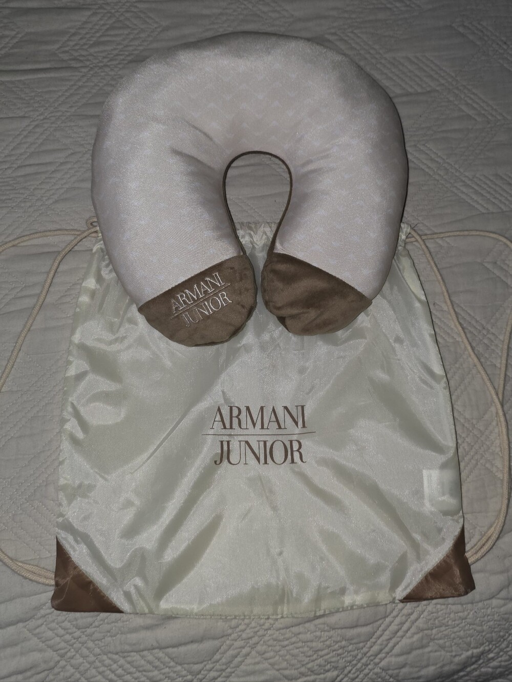 Armani Junior Beige And Brown Travel Neck Pillow with Logo Bag